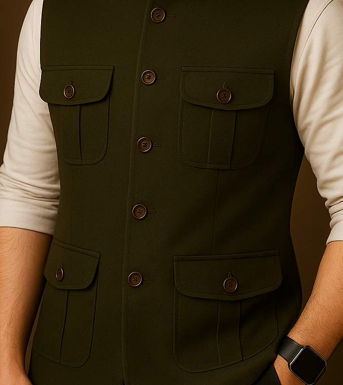 Premium Olive Green 4-Pocket Nehru Jacket for Men | Ethnic & Formal Wear – Vardaan Collections