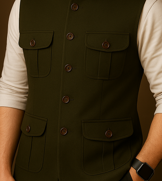 Premium Olive Green 4-Pocket Nehru Jacket for Men | Ethnic & Formal Wear – Vardaan Collections