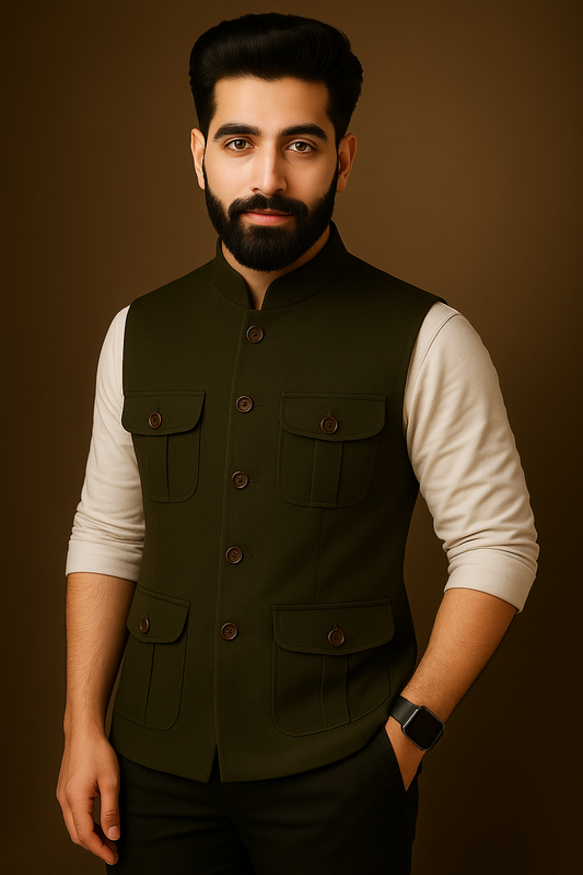 Premium Olive Green 4-Pocket Nehru Jacket for Men | Ethnic & Formal Wear – Vardaan Collections