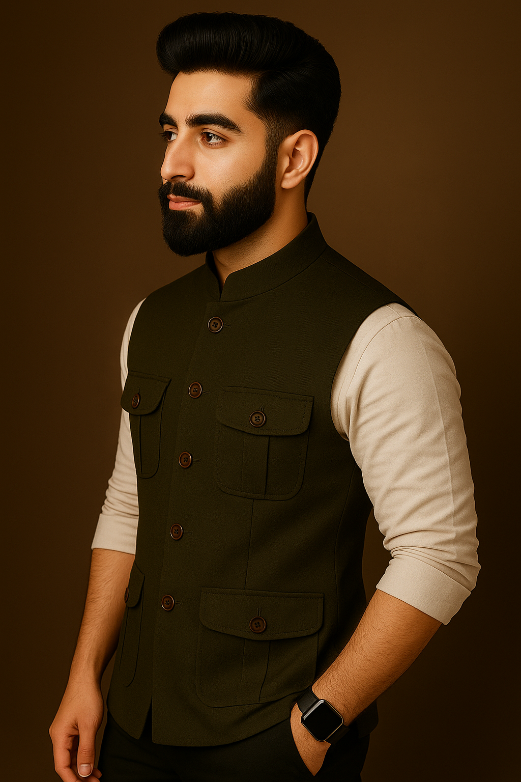 Premium Olive Green 4-Pocket Nehru Jacket for Men | Ethnic & Formal Wear – Vardaan Collections
