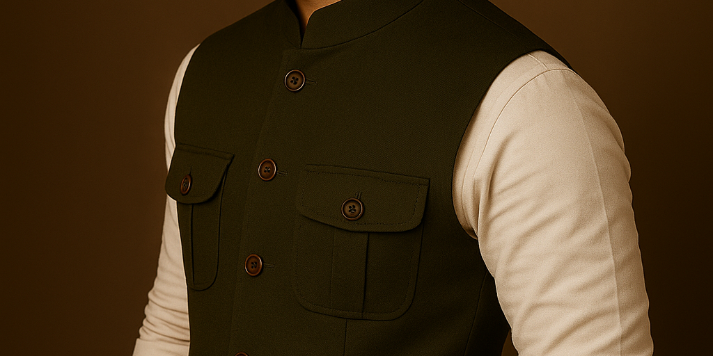 Premium Olive Green 4-Pocket Nehru Jacket for Men | Ethnic & Formal Wear – Vardaan Collections